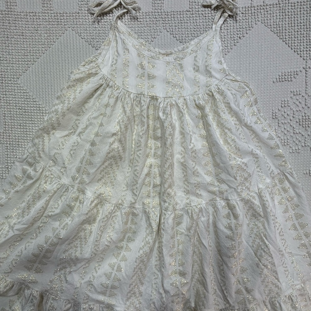 Elan White Gold Metallic Jacquard Tiered Babydoll Boho Mini Dress Size Small